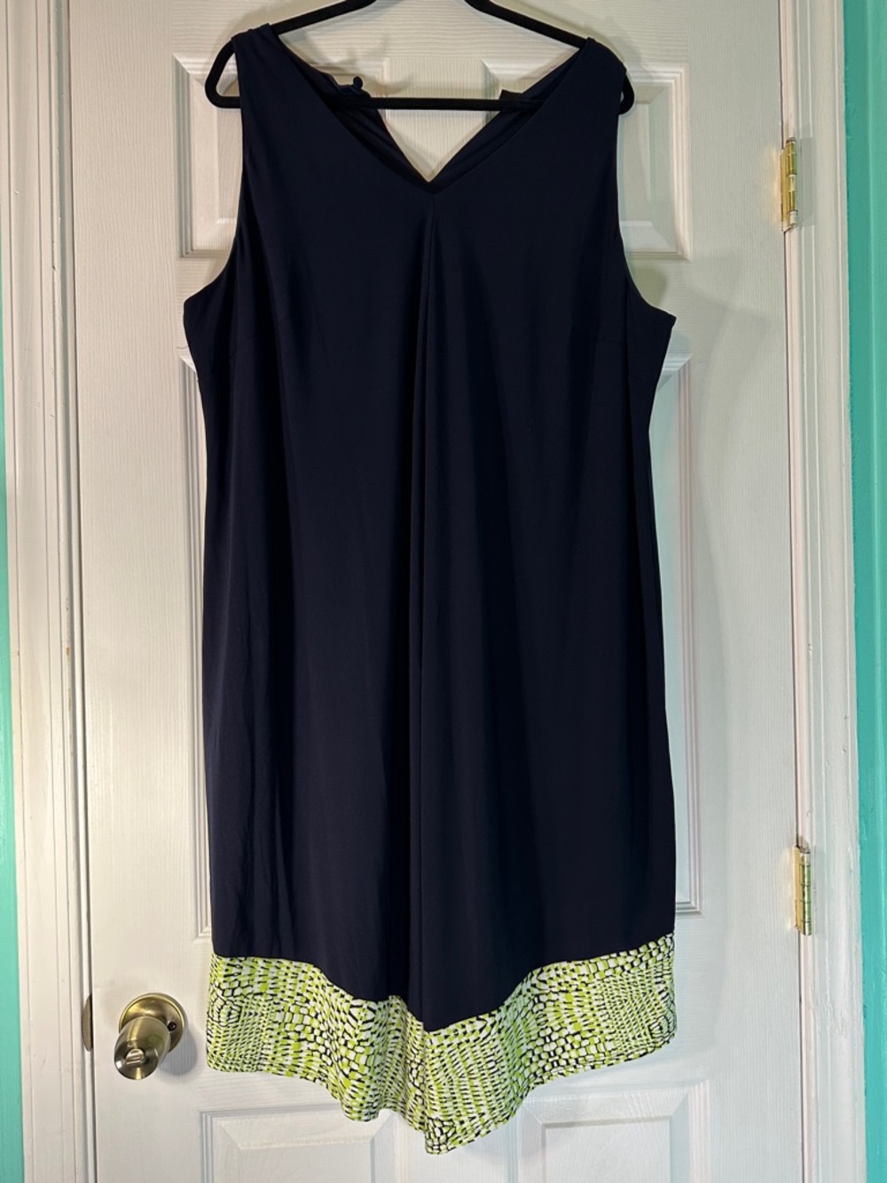 Navy Sleeveless Dress with Neon Green Patterned Hem